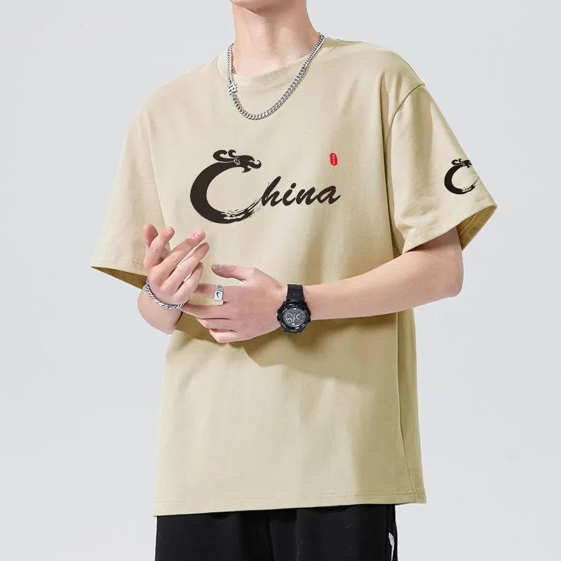 Summer T-shirt China Alphabet Print Tees O-neck Short Sleeve Thin Shirt Chinese Style Casual Loose Pullover Men Clothing