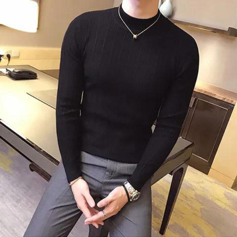 Half Turtleneck Sweater Men's Long-sleeved Sweater Korean Version of Slim High-neck Striped Sweater Men's Bottoming Shirt