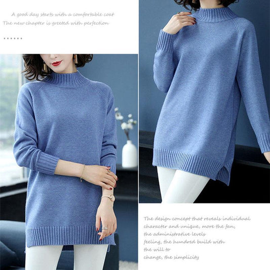 Autumn and Winter Half High Neck Loose Sweater Mid-length Pullover Knit Bottoming Shirt Plus Size Casual Women's Top