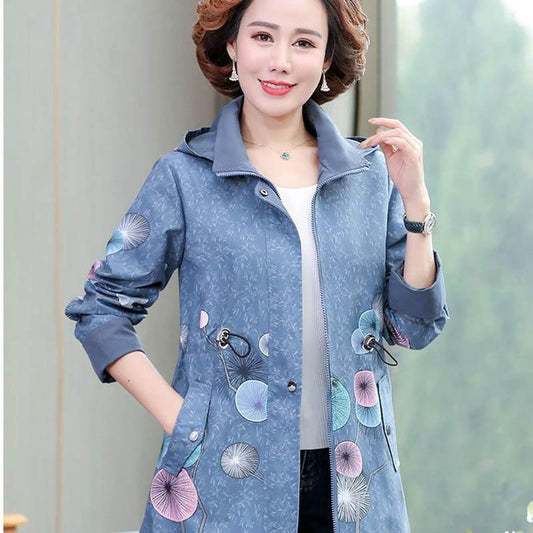 Autumn Mother Wear Jacket Middle-aged and Elderly Fashion Printing Detachable Hooded Mid-length Windbreaker Women