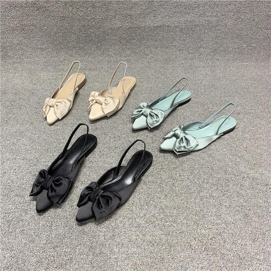 European Women's Shoes Summer Pointed Shallow Mouth Bow Single Shoe Cover Foot Flat Retro Sandals