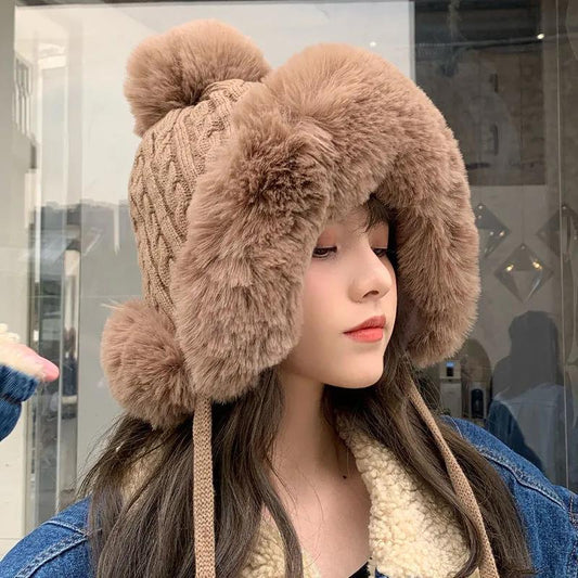 Women's Knitted Hat Fashion Rabbit Fur Stitching Woolen Hat Winter Plus Velvet Thickening Outdoor Windproof Ear Protection One