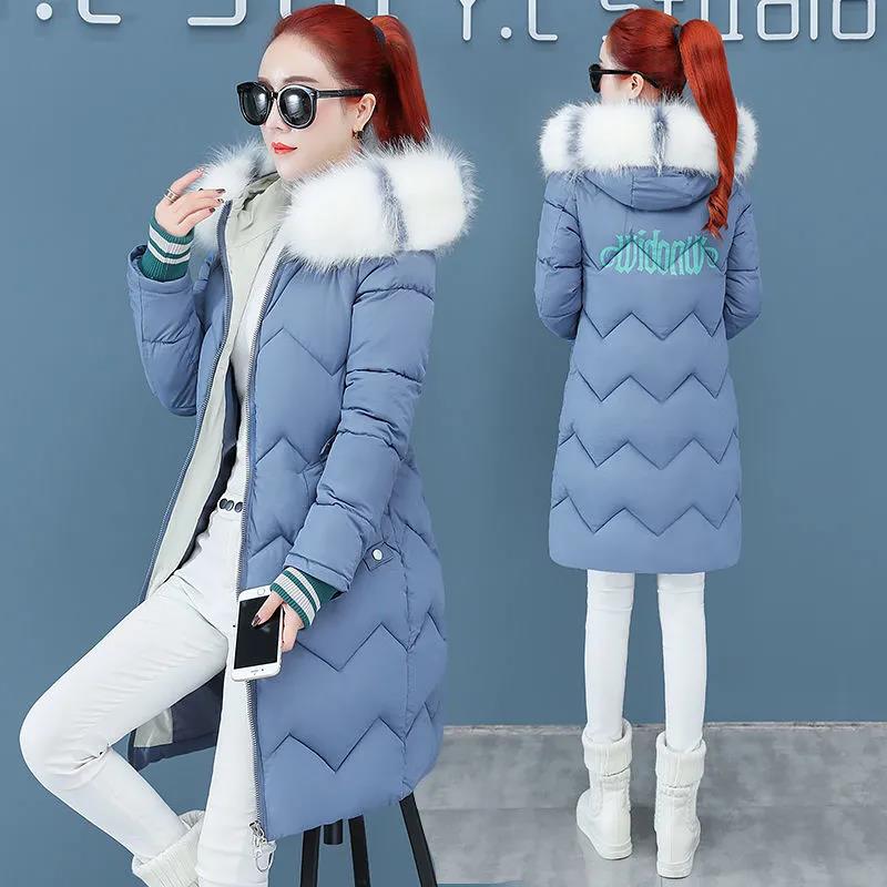 Down Jacket Winter Ladies Fashion Korean Big Fur Collar Thick Warm Hooded Mid-length Plus Size Cotton Jacket