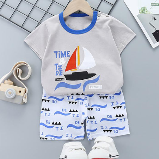 Children's Short Sleeve Suit Korean Style Boys and Girls Set Printing T-shirt + Shorts Two Piece Set