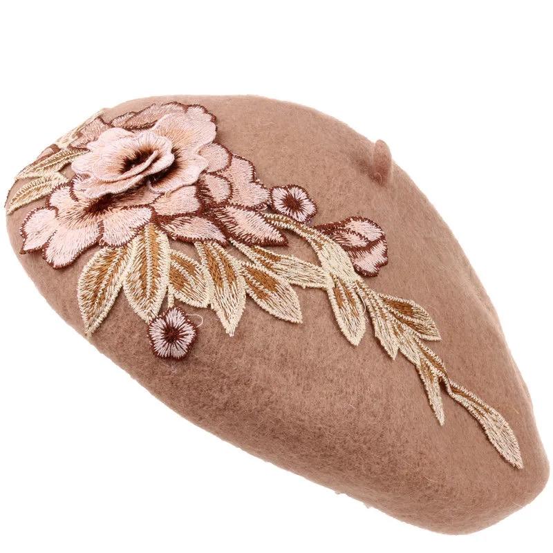 Retro Ethnic Floral 3D Embroidered Beret Hat Women's Spring Autumn Wool Blend Handmade Art Painter Beret Cap Elegant Flower Top Hat