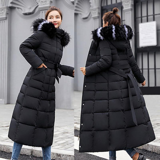 Women's Long Down Coats Winter Coat Plus Size Maxi Down Jackets with Fur Hood Parka Outwear Women Warm Slim Thicken Clothes Zipper Button Black White