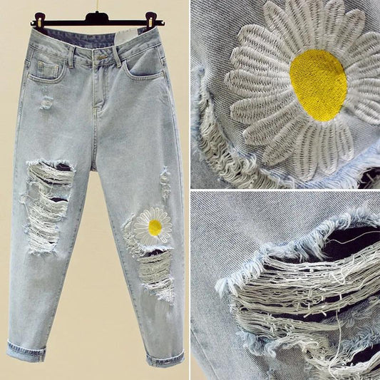 WTEMPO Flower Embroidery Women Casual High Waist Washed Ripped Jeans Solid Color Blue Harem Denim Pants