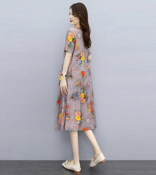 Ethnic Style Vintage Dress Women Summer Loose Print Mid-length Slim Dress