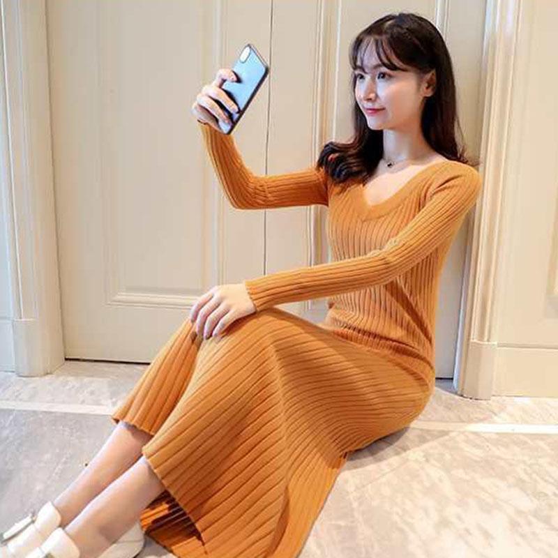 Autumn and Winter Thickening V-neck Bottoming Skirt Mid-length Hedging Slim Dress Over The Knee Knitted Sweater Dress for Women