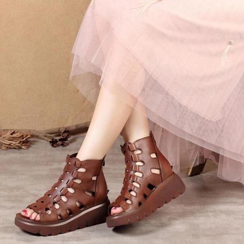 Fish Mouth Sandals Women's Summer Soft Leather Wild Hollow Sponge Cake Casual High-heeled Thick-soled Increased Flat-bottomed Women's Sandals