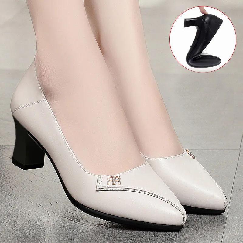 Single Shoes Women's Thick Heel Women Shoes Summer Soft Sole Mid-heel Shoes Spring and Autumn All-match Leather Shoes