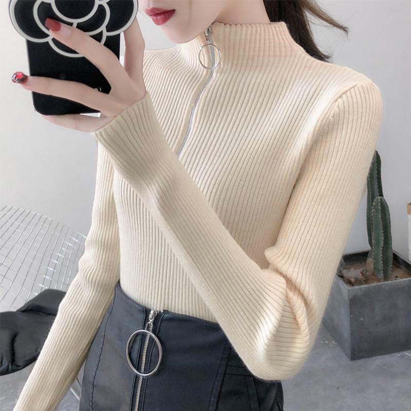 Zipper Turtleneck Women Sweater Solid 2019 Winter Fashion Sweater Ladies Slim Sexy Knitted Pullovers