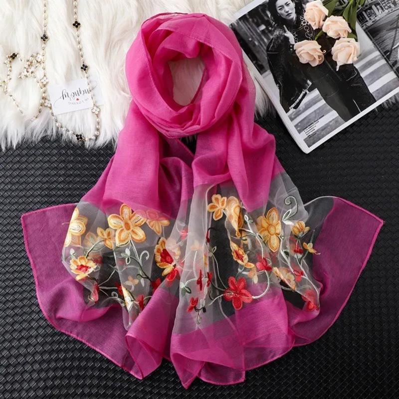 Women's Sunflower Embroidered Scarf Warm Autumn Winter Simulation Silk Mulberry Scarf Thin Solid Floral Neck Cover Female Wrap Shawl Sweet Lace Scarf