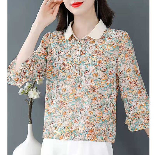 Floral Chiffon Shirt Women's Spring and Summer Western Style Polo Shirt All-match Blouse Three-quarter Sleeve Top