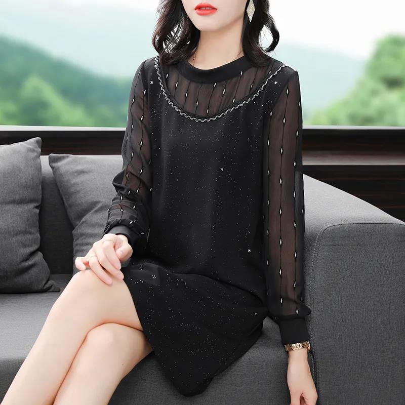 Women Black Blue Dress Solid Color Sequins Tulle Long Sleeve O-neck Spring and Autumn Large Size Loose Knee-length Size L-XXXXXL