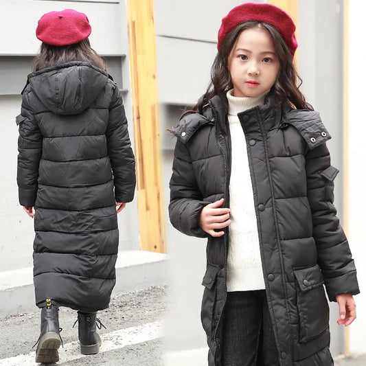 Girls' Warm Cotton-padded Jacket Winter Clothes Plus Velvet Thick Mid-length Down Cotton Jacket