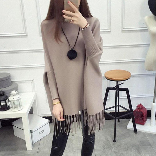 Autumn and Winter High Neck Tassel Sweater Pullover Mid-length Loose Top Knitted Casual Women's Bat Shirt