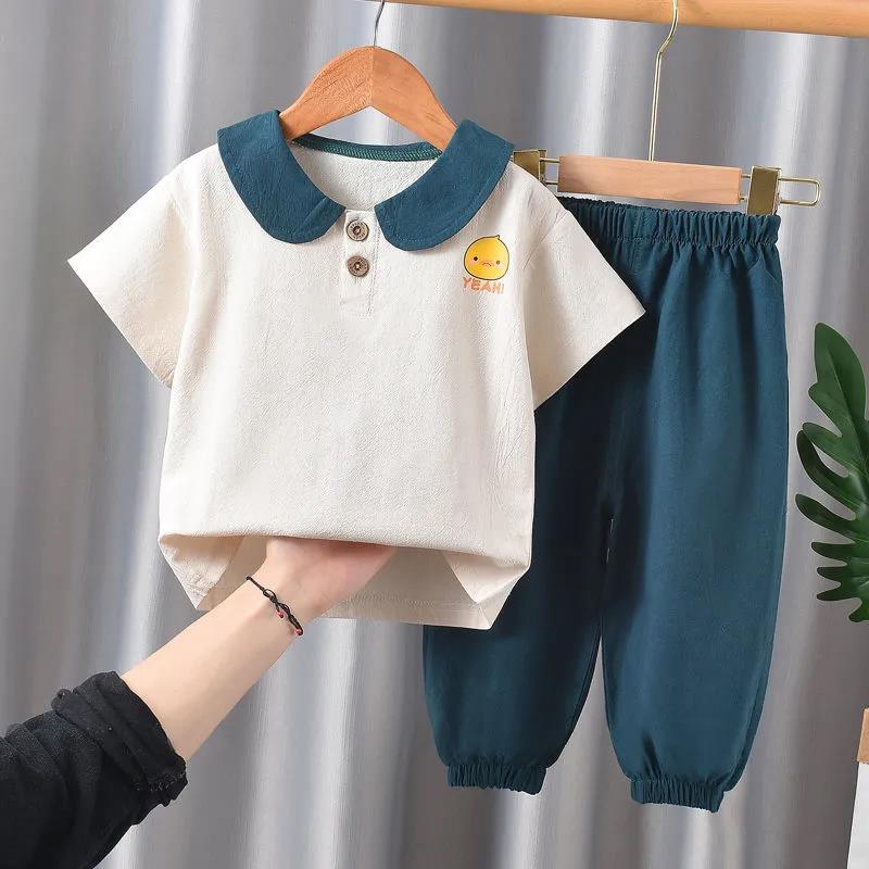 Children's Suit Summer Thin Boys and Girls Casual Wear College Style Printed T Shirt Leggings Two Piece Set