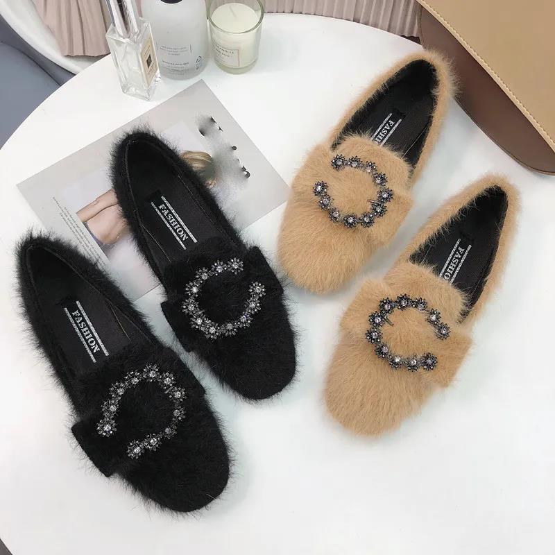 Peas Shoes Women Wild Furry Overshoes Women Casual Flat Single Shoes Furry Shoes Ladies Temperament Moccasin Shoes