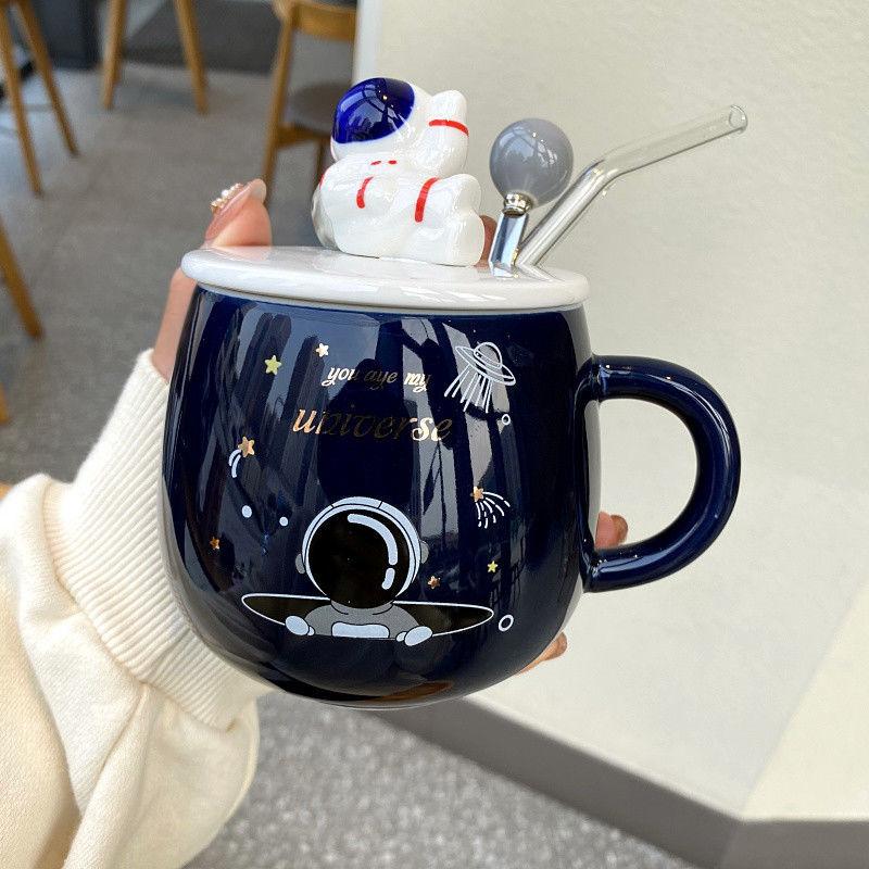 Starry Sky Mug with Lid Spoon Astronaut Ceramic Cup Nordic Male and Female Students Milk Coffee Cup Couple Cup