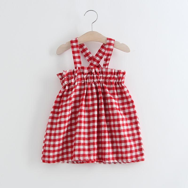 Children Dress Girls Summer Thin Sling Dress Plaid Sleeveless Back Cross Princess Dress Ruffle A-line Dress Suspender Dress