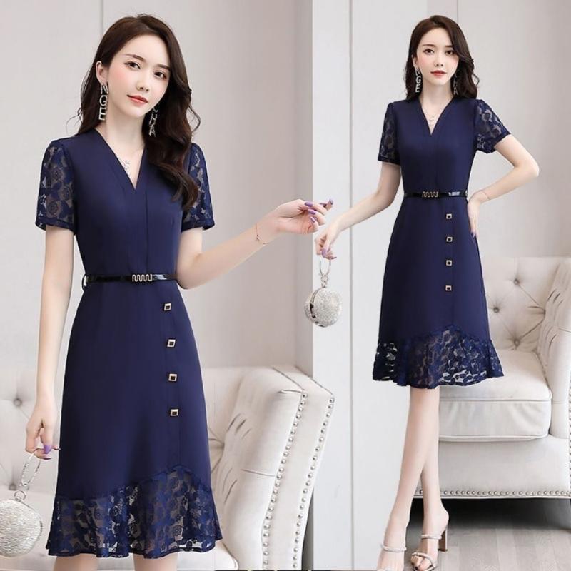 2021 Summer New Dresses Female Large Size Long Western-style Mother Summer Dress Waist Lace Stitching A-line Skirt