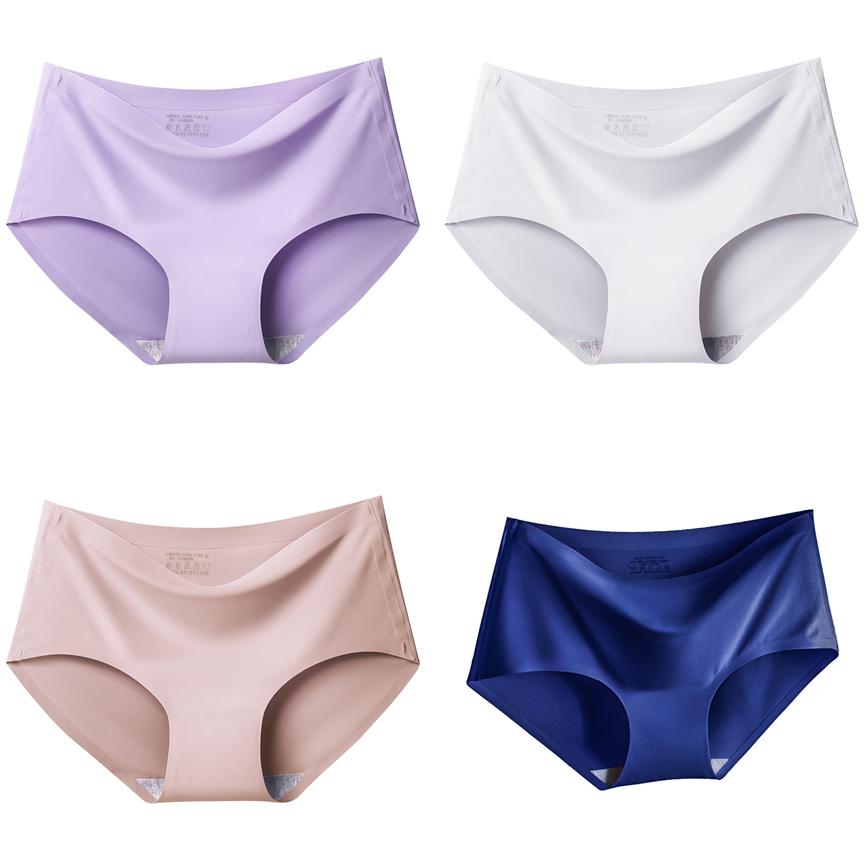 4Pcs/Set Ice Silk Seamless Underpants Women's Mid-waist Large Size Solid Color Thin Soft Briefs