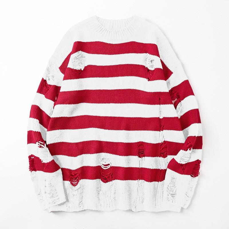 Couple Sweater Loose Lazy Trend Knit Bottoming Hole Men's Sweater Gothic Emo Punk Grunge Ripped Striped Sweater