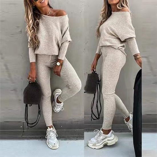 2PCS Women's Solid Color Casual Suit Slanted Shoulder Long Sleeve Loose Top Tie Sports Jogging Trousers Two-piece Suit Workout Clothes Set