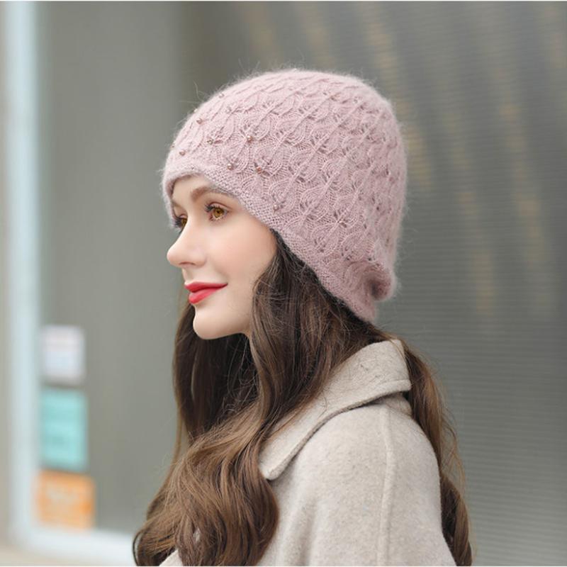 Women's Hat Autumn Winter Thickening Warm Beret Hat Cold-proof Rabbit Fur Blended Knitted Hat Windproof Beanies Cap Headgears Solid Pearl Decor Hat