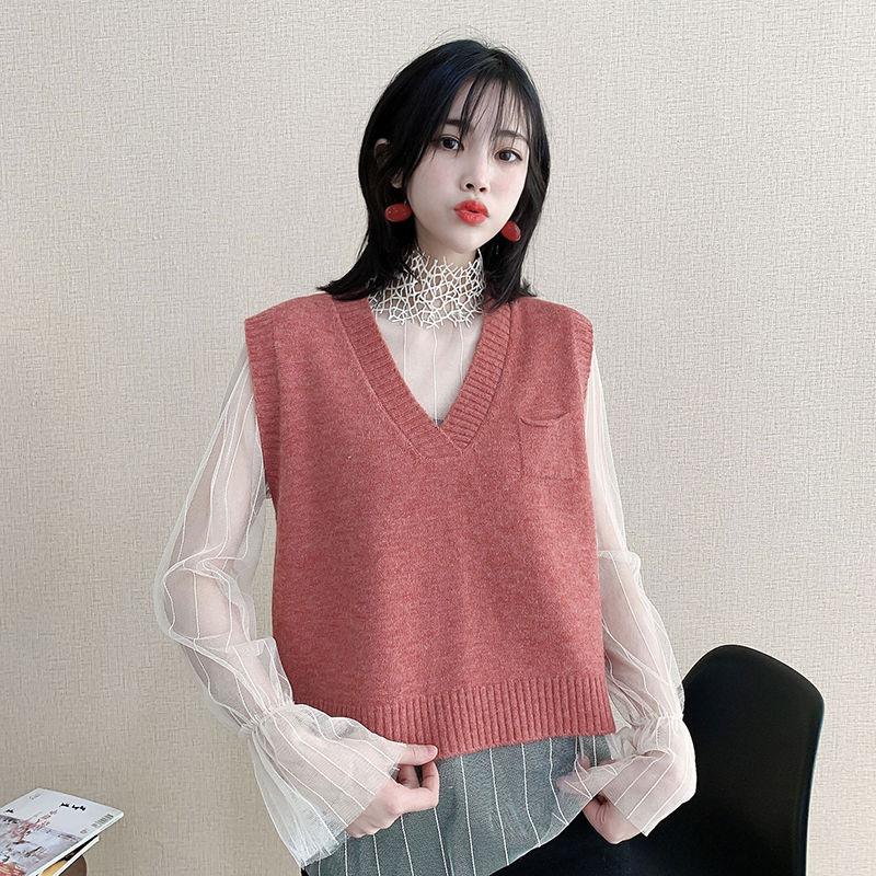 Autumn and Winter Small Pocket V-neck Vest Knitted Loose Cropped Top Sleeveless Waistcoat Women Sweater