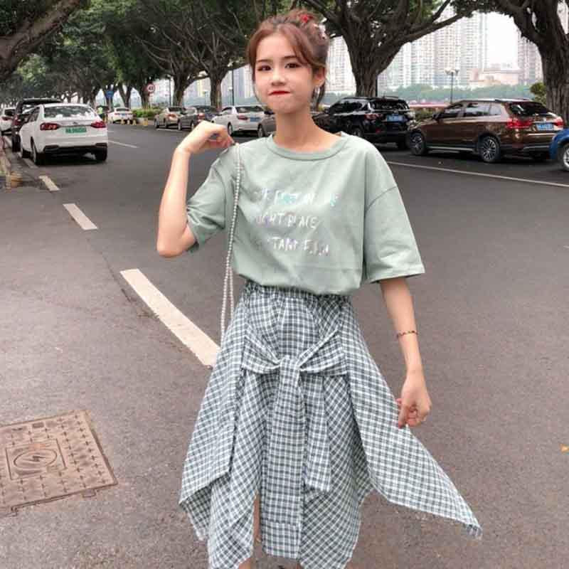 2pcs/set Summer Women Sample O-neck T-shirt+irregular Plaid Skirt 2piece Set  Office Lady T-shirt Skirt Suits Women Summer Set