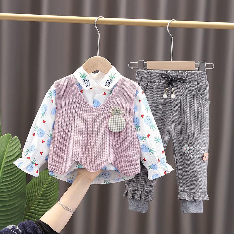 Female Baby Suit 0-5 Years Old Girl Korean Cute Spring and Autumn Clothes Long Sleeve Sweater Vest Three-piece