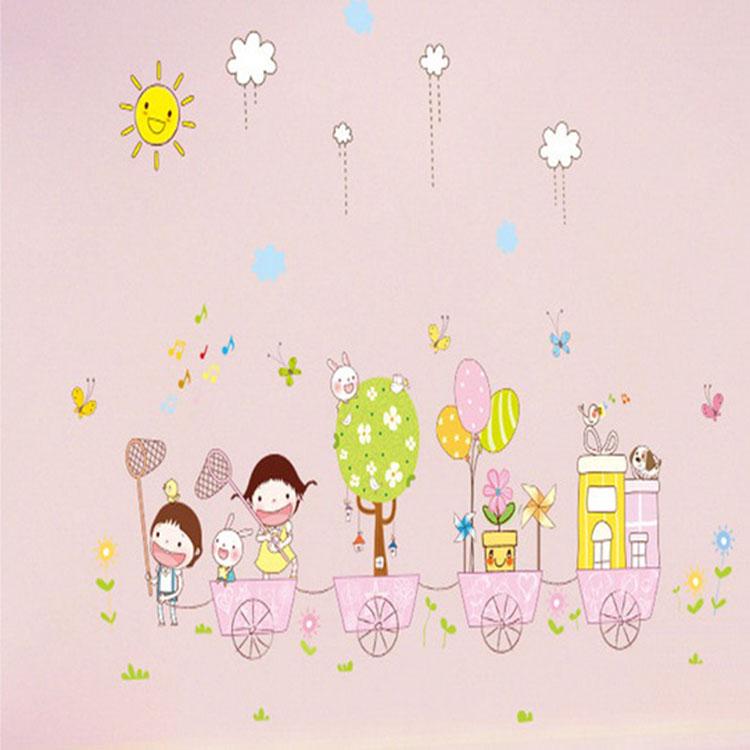 Kindergarten children's room Happy childhood childish wall stickers Train school bus wallpaper