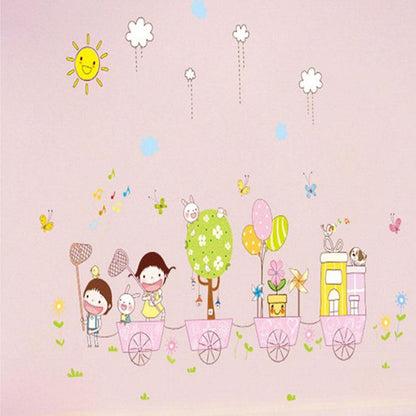 Kindergarten children's room Happy childhood childish wall stickers Train school bus wallpaper