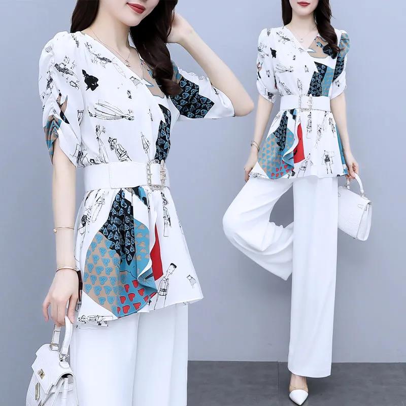 Chiffon Suit Female Temperament Suit Two-piece Suit Waist Slimming Chiffon Shirt Loose Wide-leg Pants Two-piece Suit Ladies Elegant Suit