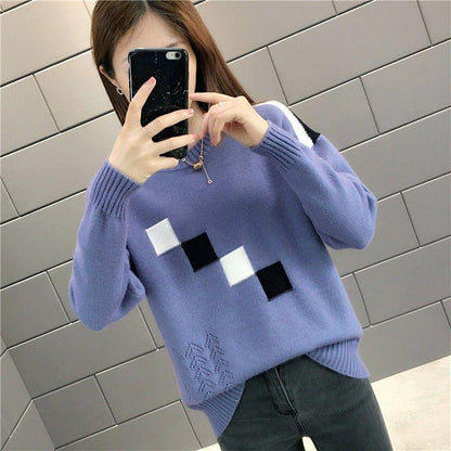 Autumn Winter Women Sweaters and Pullovers Plaid Thick Knitted Sweater Female Loose Pull Femme