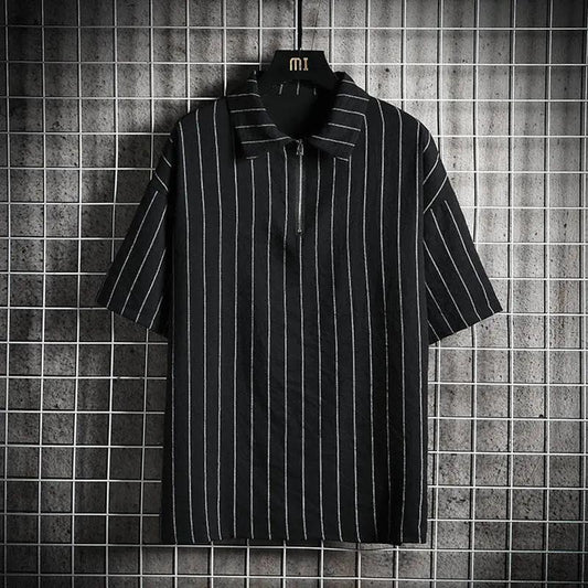 Summer Half Zipper Lapel Polo Shirt Men's Loose Vertical Striped Short-sleeved T-shirt Fat Man Loose Large Size Half-sleeve Top