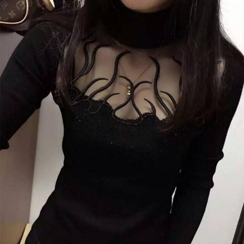 Pofulove Fashion Sexy Embroidered Rhinestone Lace Sweater Pullover Bottoming Shirt Hollow Sweater