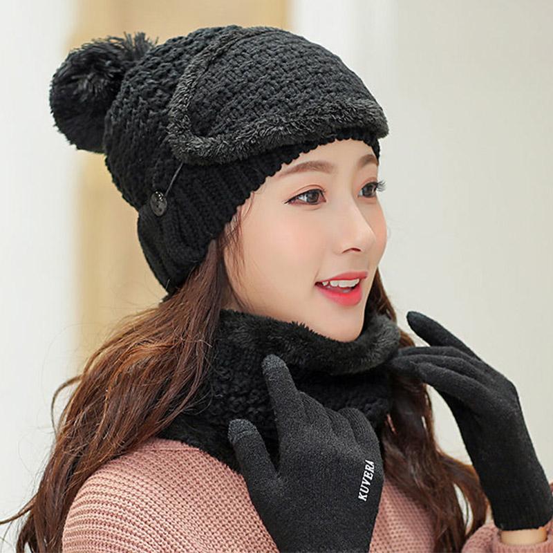 Female Winter Students All-match Thick Knitted Hat Warm and Velvet Windproof Riding Wool Hat Hat Scarf Gloves Mask Four-piece Casual Hat