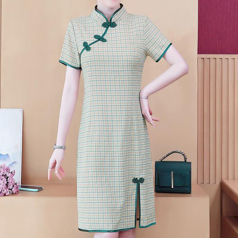 Improved Cheongsam Skirt Dress Large Size Fat Mm Retro Slim Mid-length Plaid Skirt