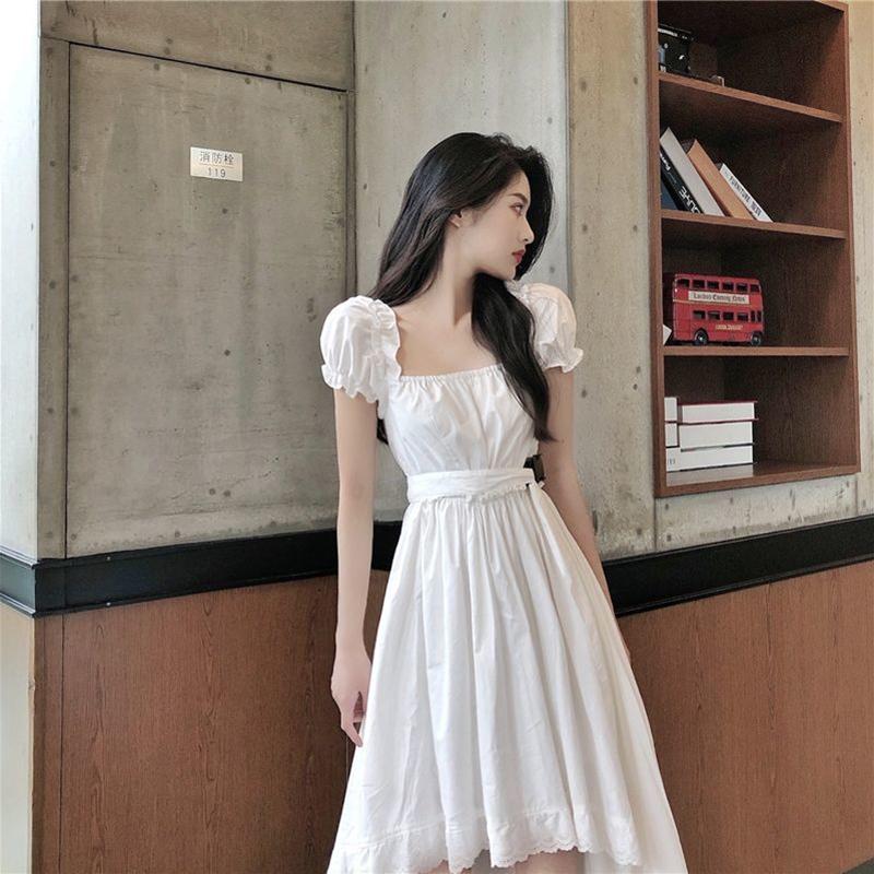 Summer French Retro Square Collar Waist Slim Design Sense White Short-sleeved Dress Women