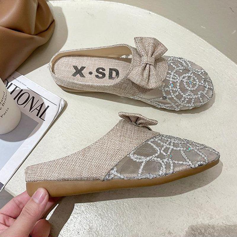 Lace Closed-toe Half Slippers Female Summer Hollow Linen Woven Loafers Lazy Outer Wear Sandals and Slippers