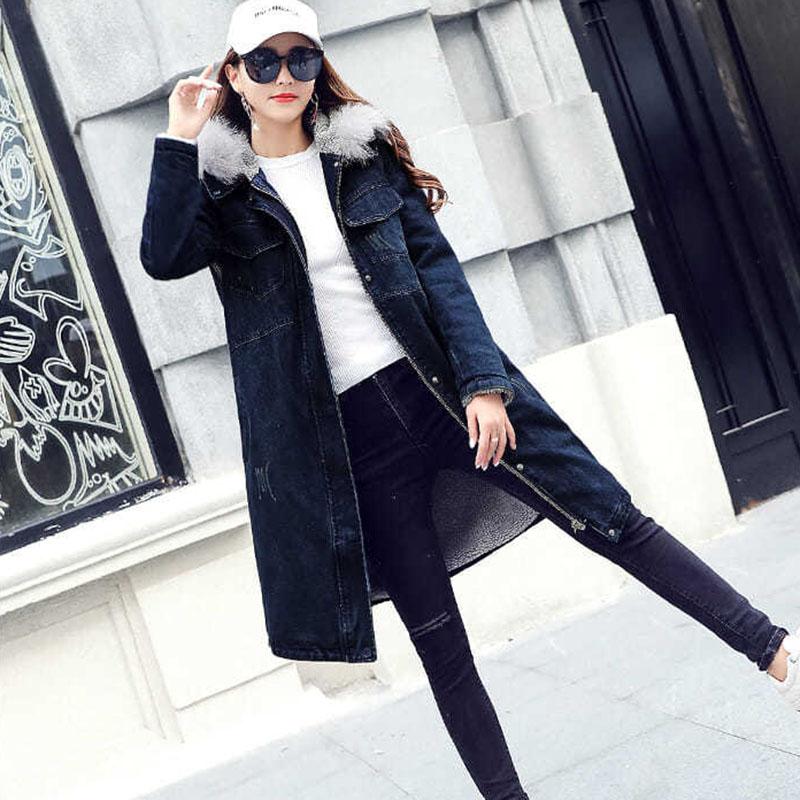 Winter Coat Women's Mid-length Korean Style Loose Thick Plus Cashmere Lamb Wool Cotton Coat Denim Jacket Cotton Jacket