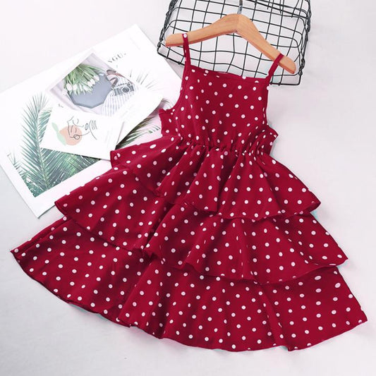 Toddler Child Summer Baby Girls' Polka Dot Printing Suspender Sleeveless Princess Dress Folded Cake Skirt Sweet Wind