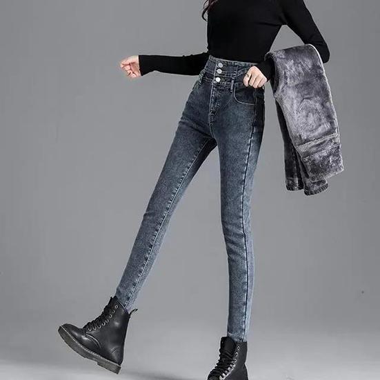 Women's Winter High Waist Plush Jeans Female Large Size Elastic Slim Pants Casual Warm Long Pencil Pants