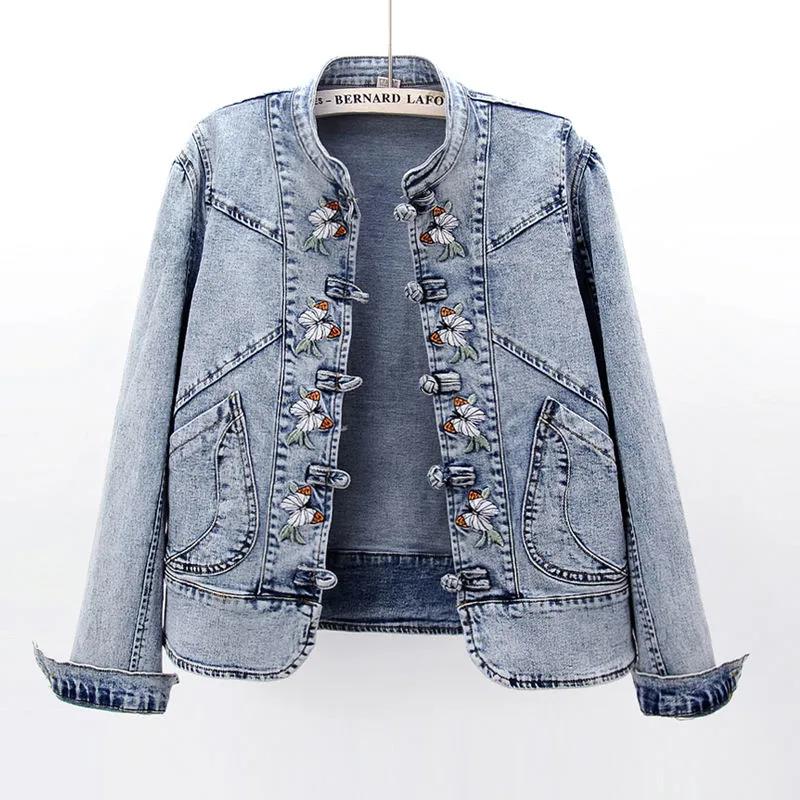 Autumn 2021 Chinese Style Embroidered Stretch Denim Jacket Women's Short Jacket Loose Retro