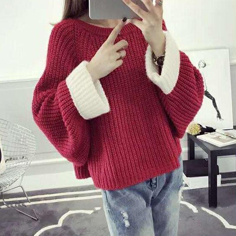 Autumn and Winter Short Casual Sweater Pullover Loose Casual Top Round Neck Long Sleeve Women's Sweater