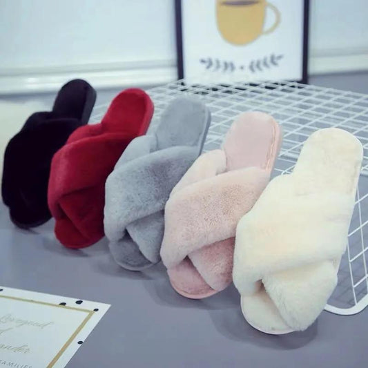 Women Fashion Warm Fluffy Slippers Cozy Faux Fur Cross Indoor Floor Slides Flat Soft Furry Ladies Female Celebrities Flip Flops