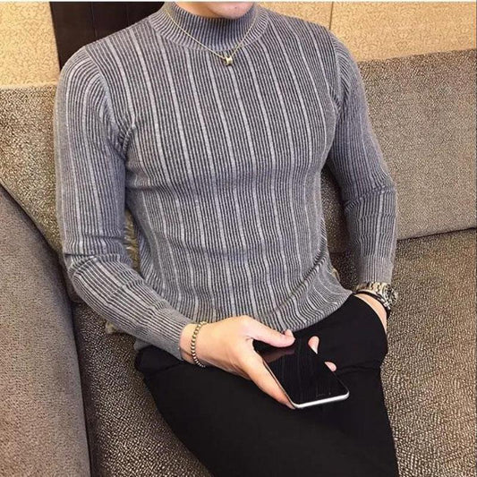 Half Turtleneck Sweater Men's Long-sleeved Sweater Korean Version of Slim High-neck Striped Sweater Men's Bottoming Shirt